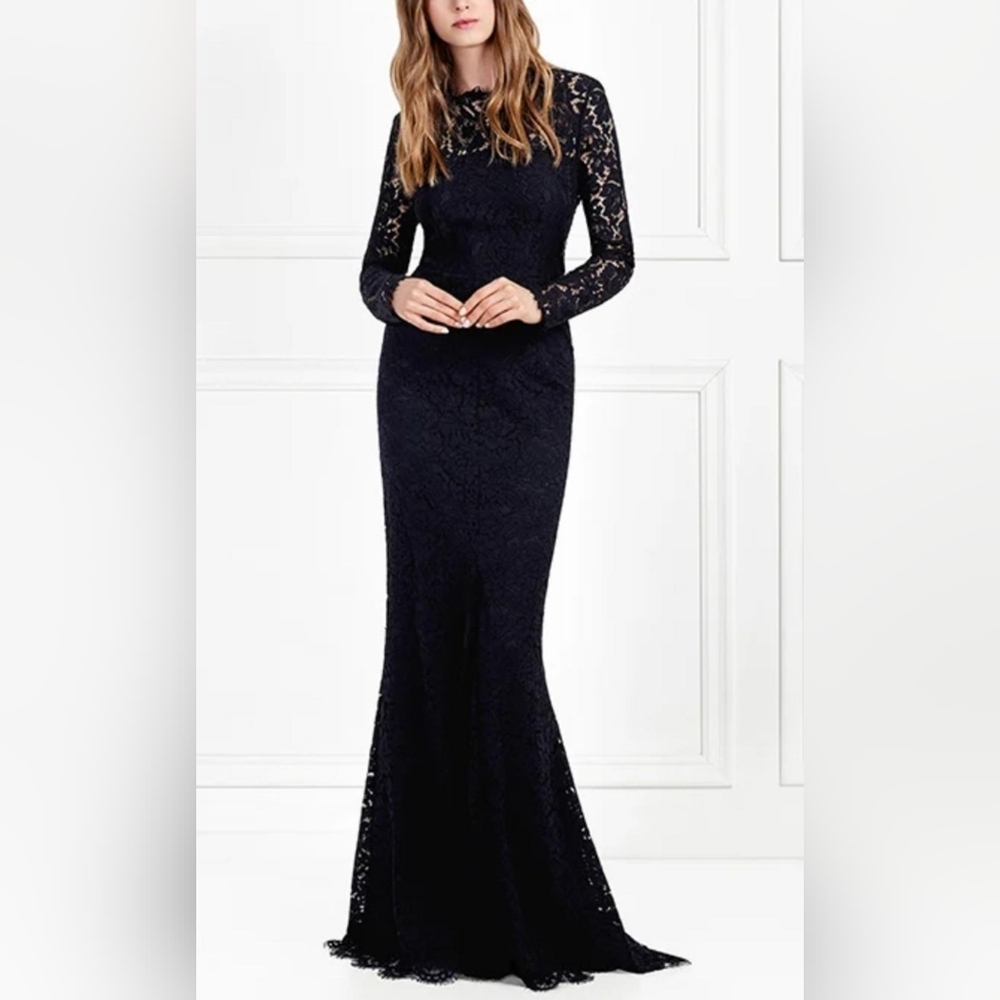 Rachael Zoe Black Long Sleeve Angie Open Back Lace Gown Size 10 NWT $525